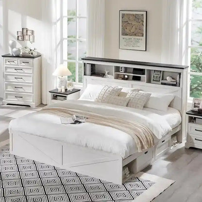 Farmhouse King Size Wood Bed Frame with Storage Headboard and Drawers
