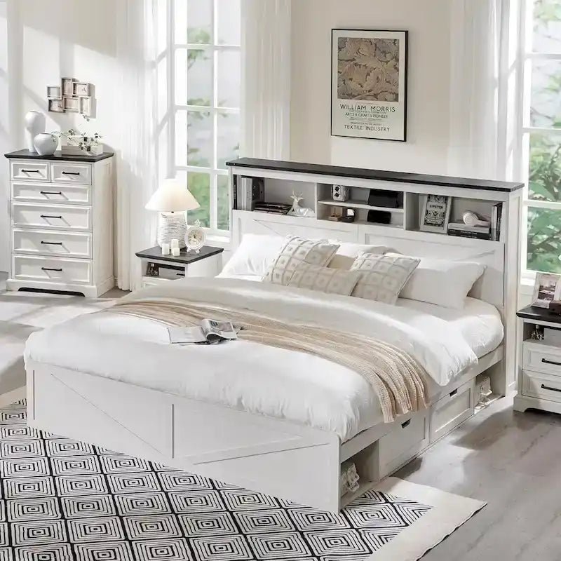 Farmhouse King Size Wood Bed Frame with Storage Headboard and Drawers