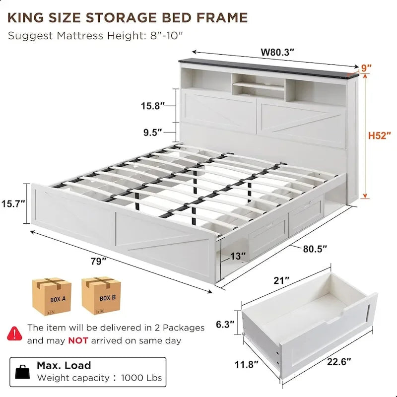 Farmhouse King Size Wood Bed Frame with Storage Headboard and Drawers