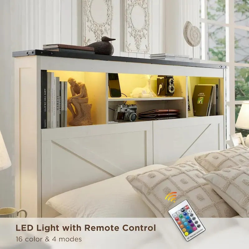 Farmhouse King Size Wood Bed Frame with Storage Headboard and Drawers