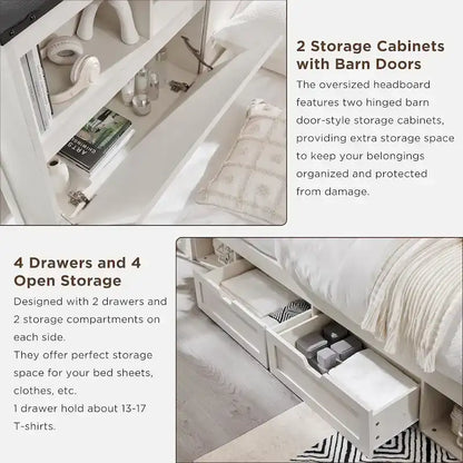 Farmhouse King Size Wood Bed Frame with Storage Headboard and Drawers