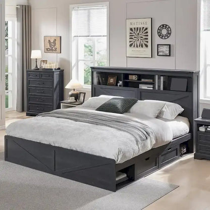 Farmhouse King Size Wood Bed Frame with Storage Headboard and Drawers