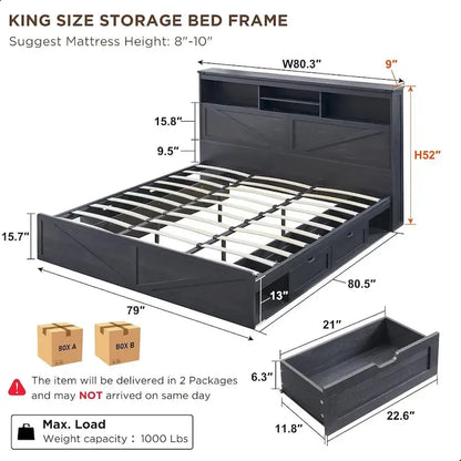 Farmhouse King Size Wood Bed Frame with Storage Headboard and Drawers