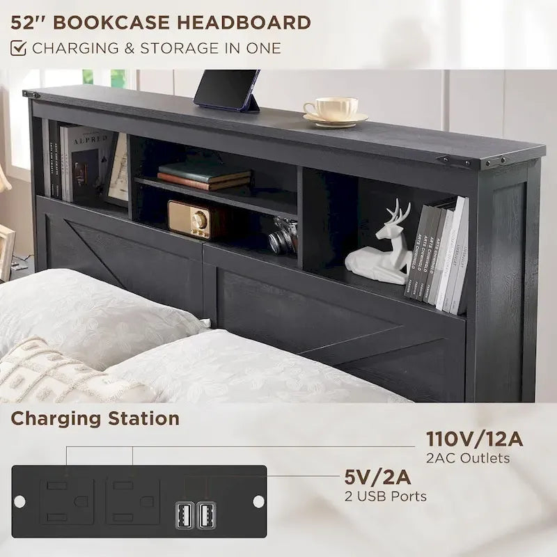 Farmhouse King Size Wood Bed Frame with Storage Headboard and Drawers