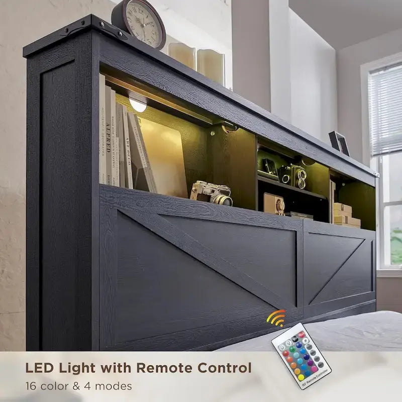 Farmhouse King Size Wood Bed Frame with Storage Headboard and Drawers