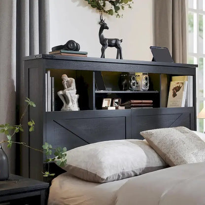 Farmhouse King Size Wood Bed Frame with Storage Headboard and Drawers