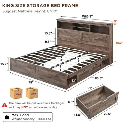 Farmhouse King Size Wood Bed Frame with Storage Headboard and Drawers