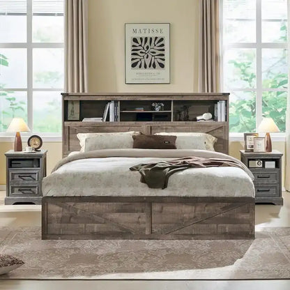 Farmhouse King Size Wood Bed Frame with Storage Headboard and Drawers