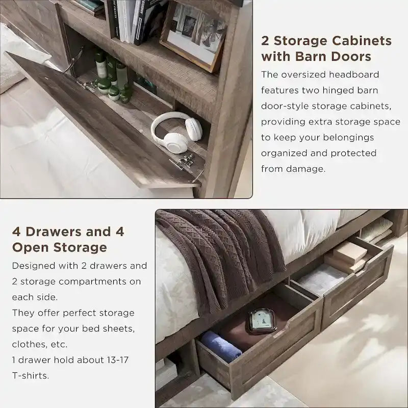 Farmhouse King Size Wood Bed Frame with Storage Headboard and Drawers