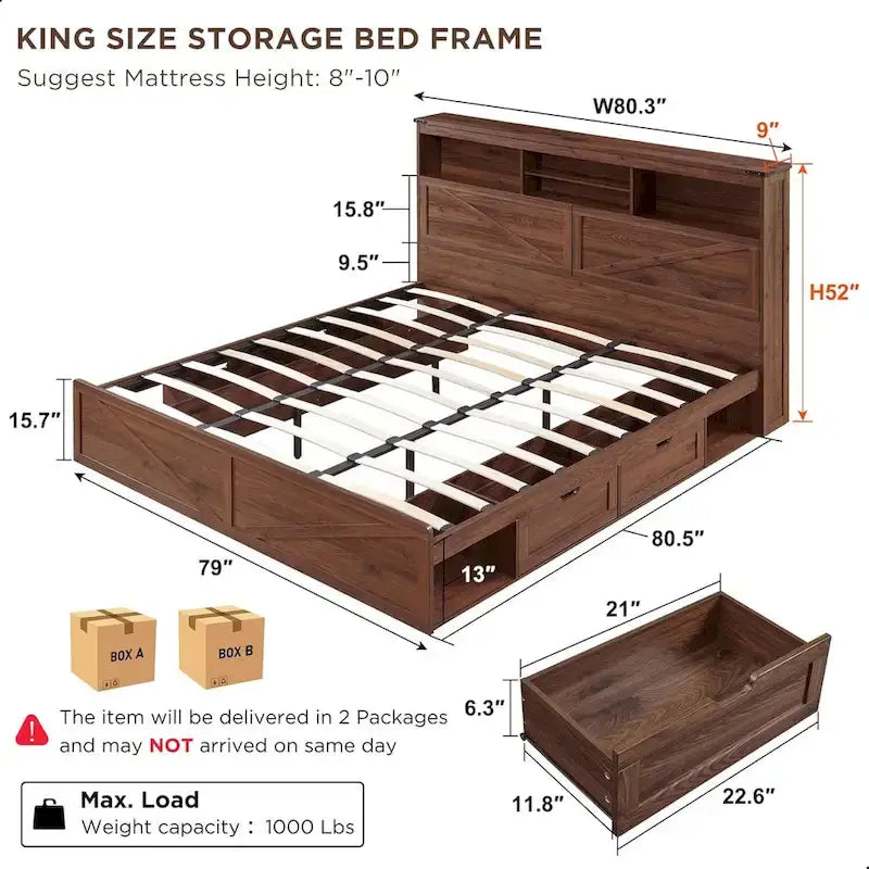 Farmhouse King Size Wood Bed Frame with Storage Headboard and Drawers