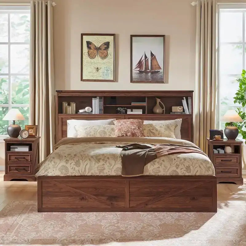 Farmhouse King Size Wood Bed Frame with Storage Headboard and Drawers
