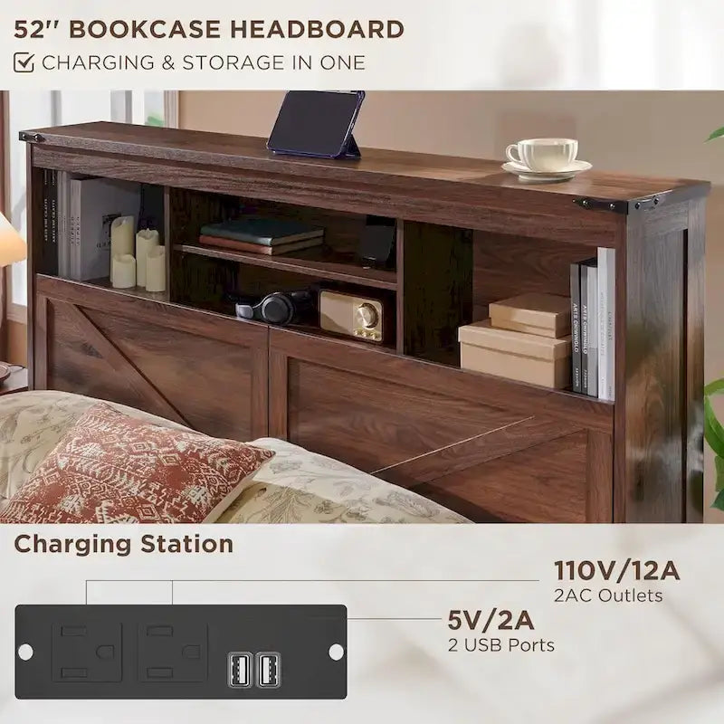 Farmhouse King Size Wood Bed Frame with Storage Headboard and Drawers