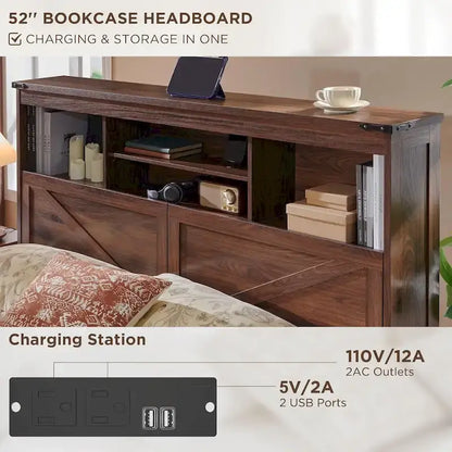 Farmhouse King Size Wood Bed Frame with Storage Headboard and Drawers