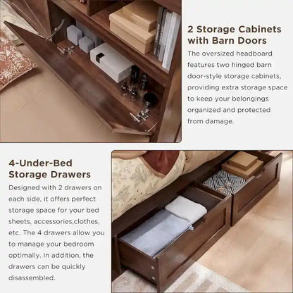 Farmhouse King Size Wood Bed Frame with Storage Headboard and Drawers