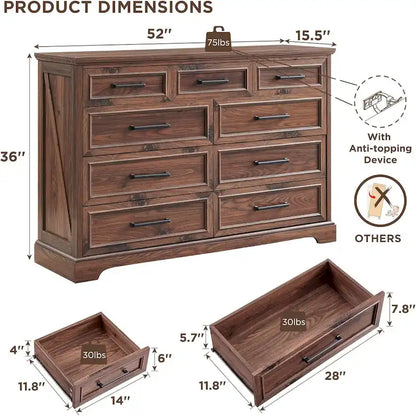Farmhouse 9 Drawers Dresser Chests for Bedroom, Wood Chest of Drawers