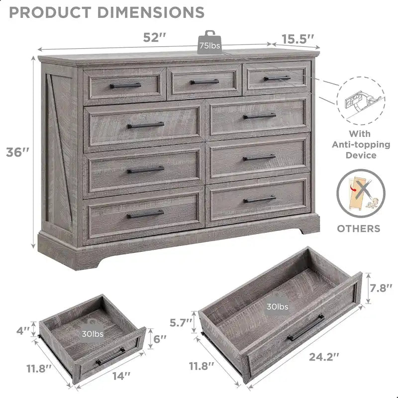 Farmhouse 9 Drawers Dresser Chests for Bedroom, Wood Chest of Drawers