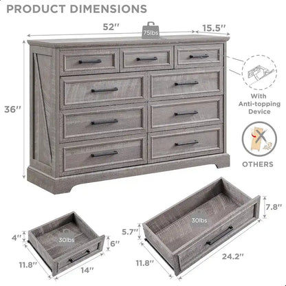 Farmhouse 9 Drawers Dresser Chests for Bedroom, Wood Chest of Drawers
