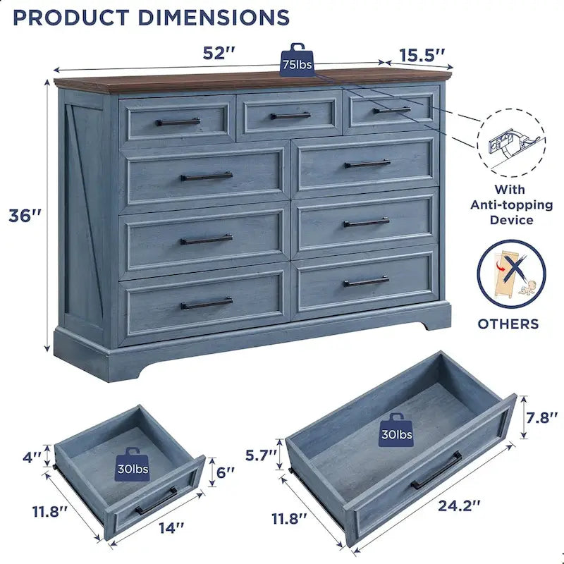 Farmhouse 9 Drawers Dresser Chests for Bedroom, Wood Chest of Drawers
