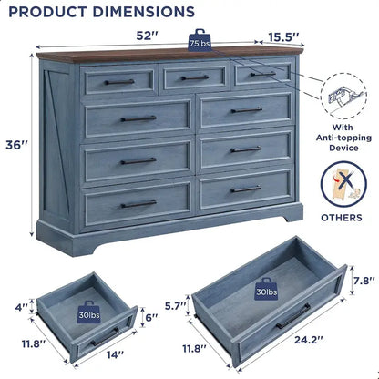 Farmhouse 9 Drawers Dresser Chests for Bedroom, Wood Chest of Drawers
