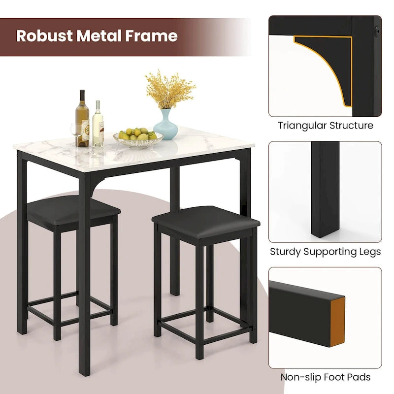 Costway 3 Piece Counter Height Dining Set Faux Marble Table 2 Chairs
