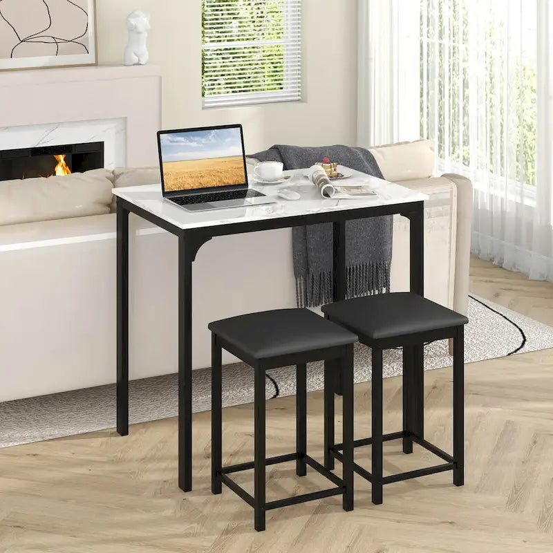 Costway 3 Piece Counter Height Dining Set Faux Marble Table 2 Chairs