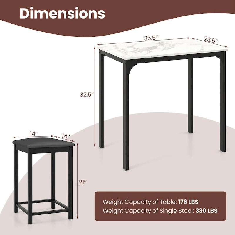 Costway 3 Piece Counter Height Dining Set Faux Marble Table 2 Chairs