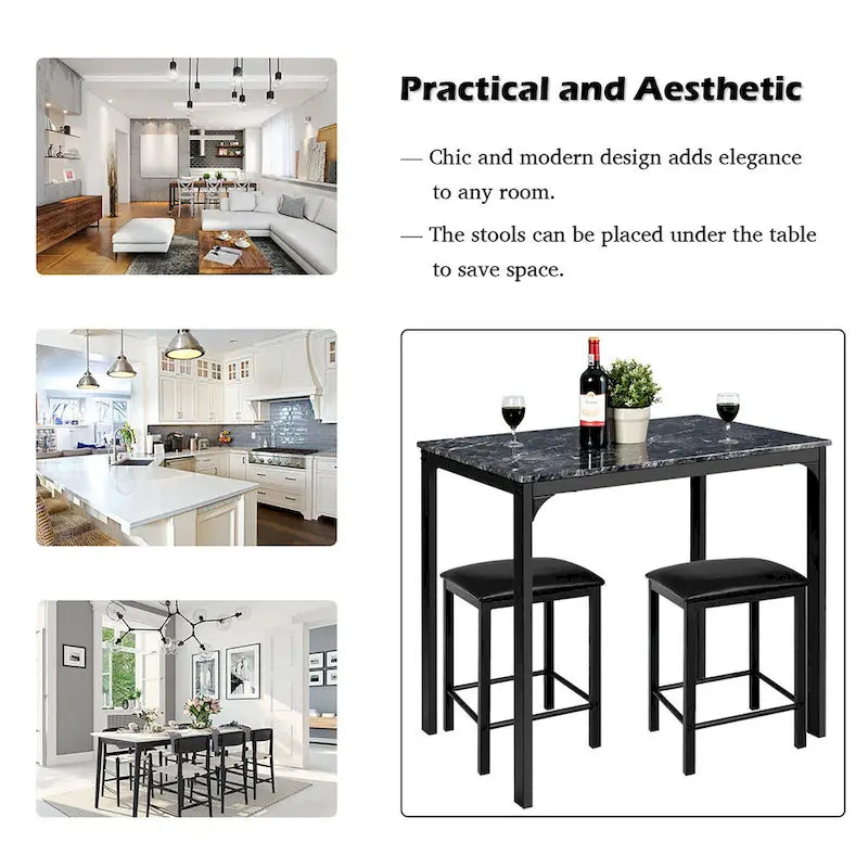 Costway 3 Piece Counter Height Dining Set Faux Marble Table 2 Chairs