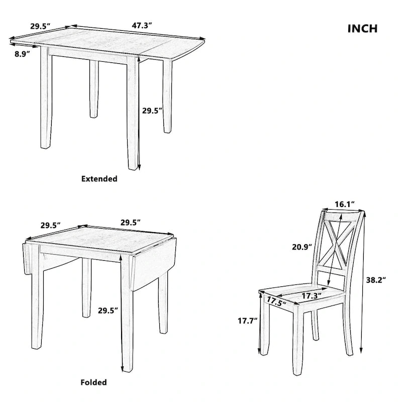 Drop Leaf Breakfast Nook Dining Table Set Small Apartment Dining Table and Chairs Set with 2 X-Back Chairs for Kitchen