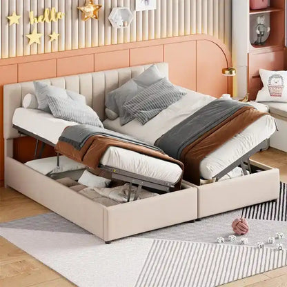 Twin/King Size Upholstered Platform Bed Frame a Hydraulic Storage System, Lift Up Storage Bed with Headboard and Slats Support