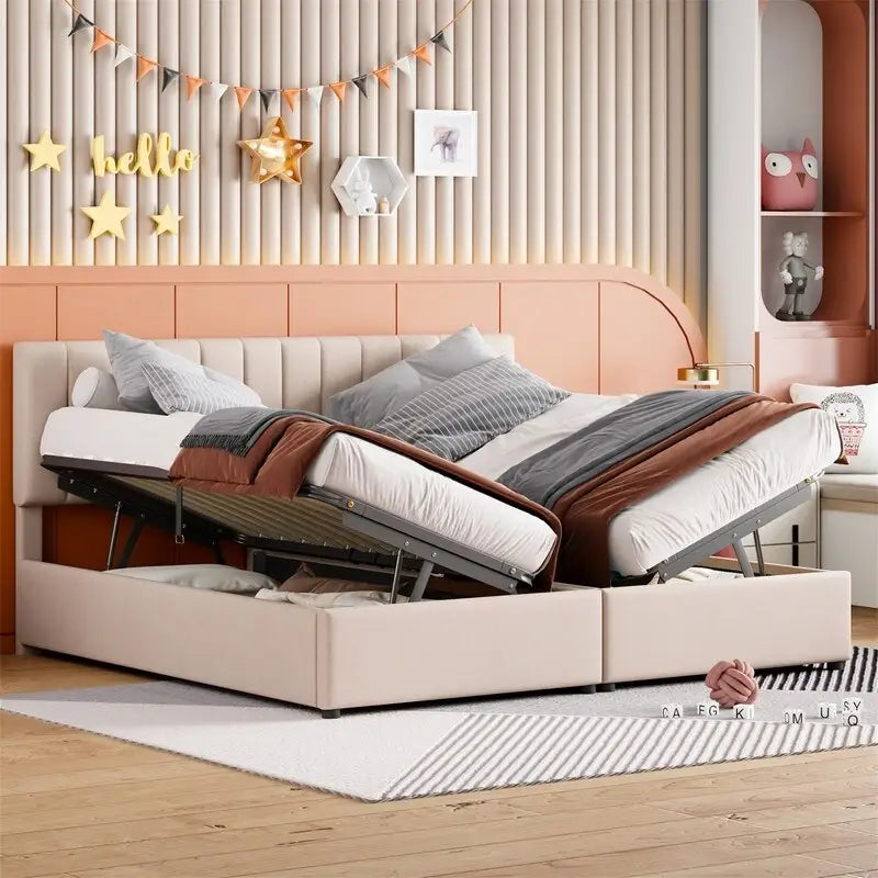 Twin/King Size Upholstered Platform Bed Frame a Hydraulic Storage System, Lift Up Storage Bed with Headboard and Slats Support