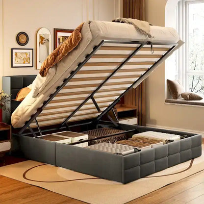 Full/Queen Lift Up Storage Bed with Storage, Upholstered Platform Bed Frame with Modern Wingback Headboard