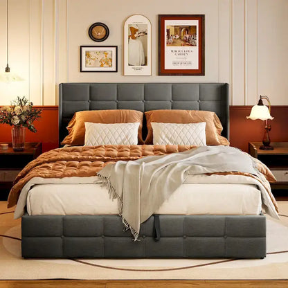 Full/Queen Lift Up Storage Bed with Storage, Upholstered Platform Bed Frame with Modern Wingback Headboard