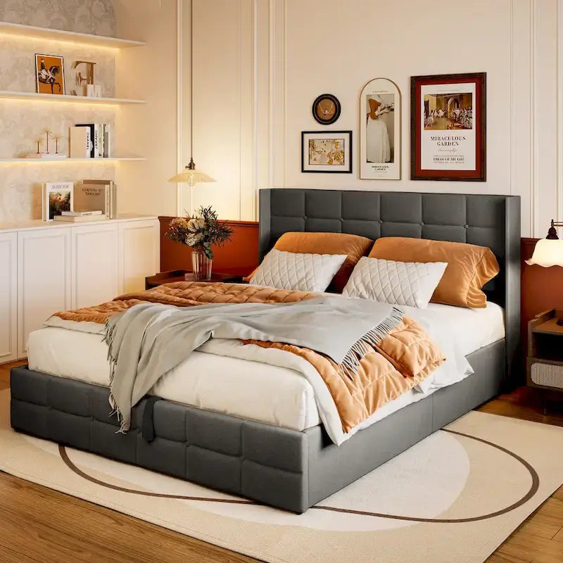 Full/Queen Lift Up Storage Bed with Storage, Upholstered Platform Bed Frame with Modern Wingback Headboard
