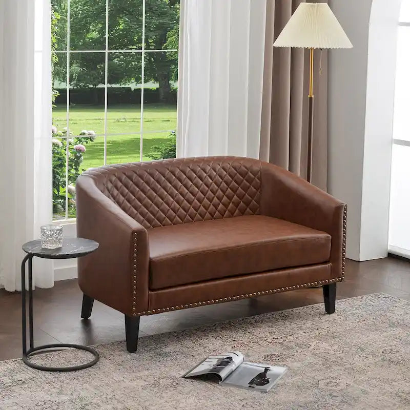KINWELL 50W Tufted Faux Leather Upholstered Small Loveseat Sofa