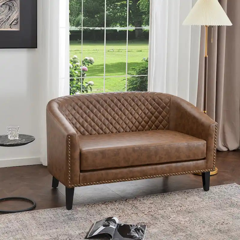 KINWELL 50W Tufted Faux Leather Upholstered Small Loveseat Sofa