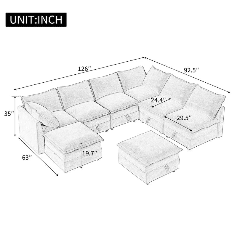126 Polyester 8-Piece Modular Sofa Bed with Storage, Faux Double-Layer Cushions and Customizable Configuration