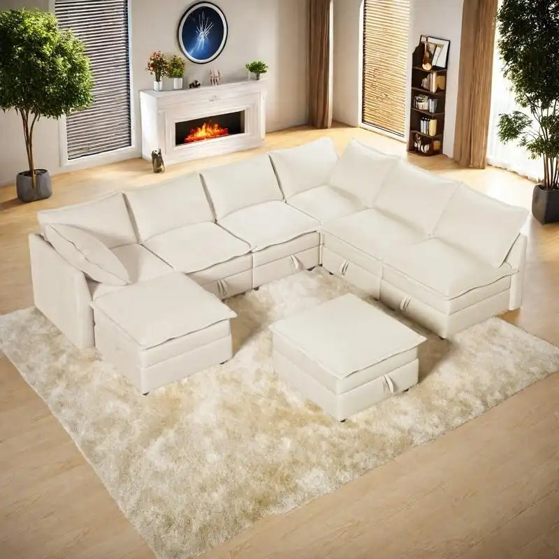 126 Polyester 8-Piece Modular Sofa Bed with Storage, Faux Double-Layer Cushions and Customizable Configuration
