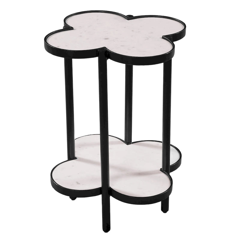 Chloe Side End Table, White Genuine Marble Clover Shape Top With Black Iron Frame