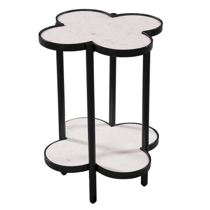 Chloe Side End Table, White Genuine Marble Clover Shape Top With Black Iron Frame