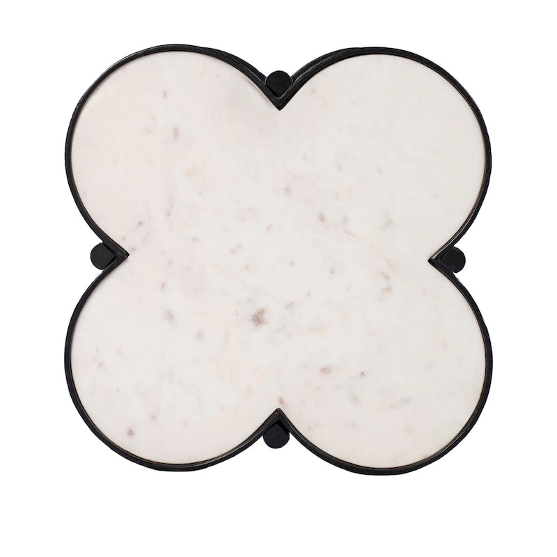 Chloe Side End Table, White Genuine Marble Clover Shape Top With Black Iron Frame
