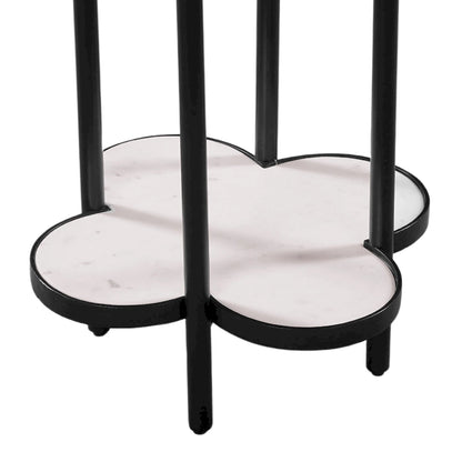 Chloe Side End Table, White Genuine Marble Clover Shape Top With Black Iron Frame