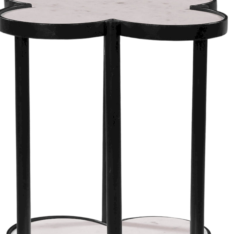 Chloe Side End Table, White Genuine Marble Clover Shape Top With Black Iron Frame