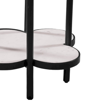 Chloe Side End Table, White Genuine Marble Clover Shape Top With Black Iron Frame
