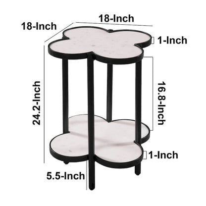 Chloe Side End Table, White Genuine Marble Clover Shape Top With Black Iron Frame