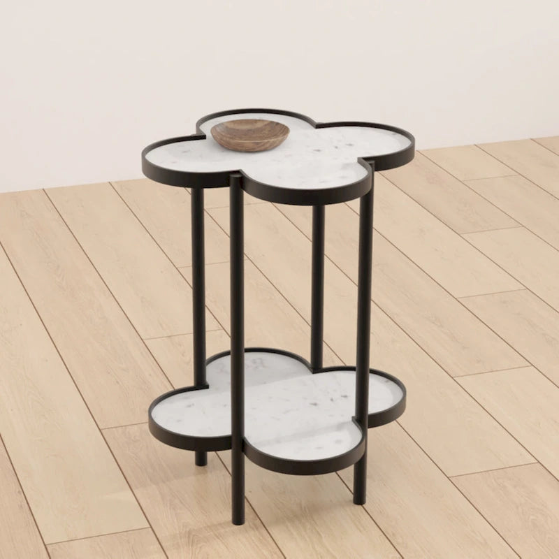 Chloe Side End Table, White Genuine Marble Clover Shape Top With Black Iron Frame