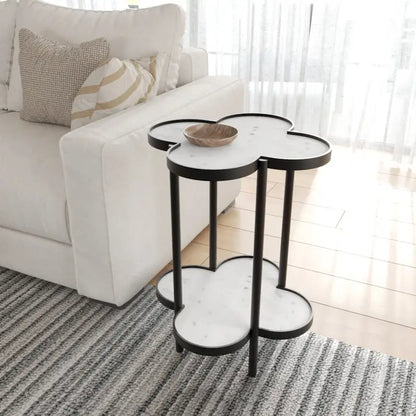 Chloe Side End Table, White Genuine Marble Clover Shape Top With Black Iron Frame