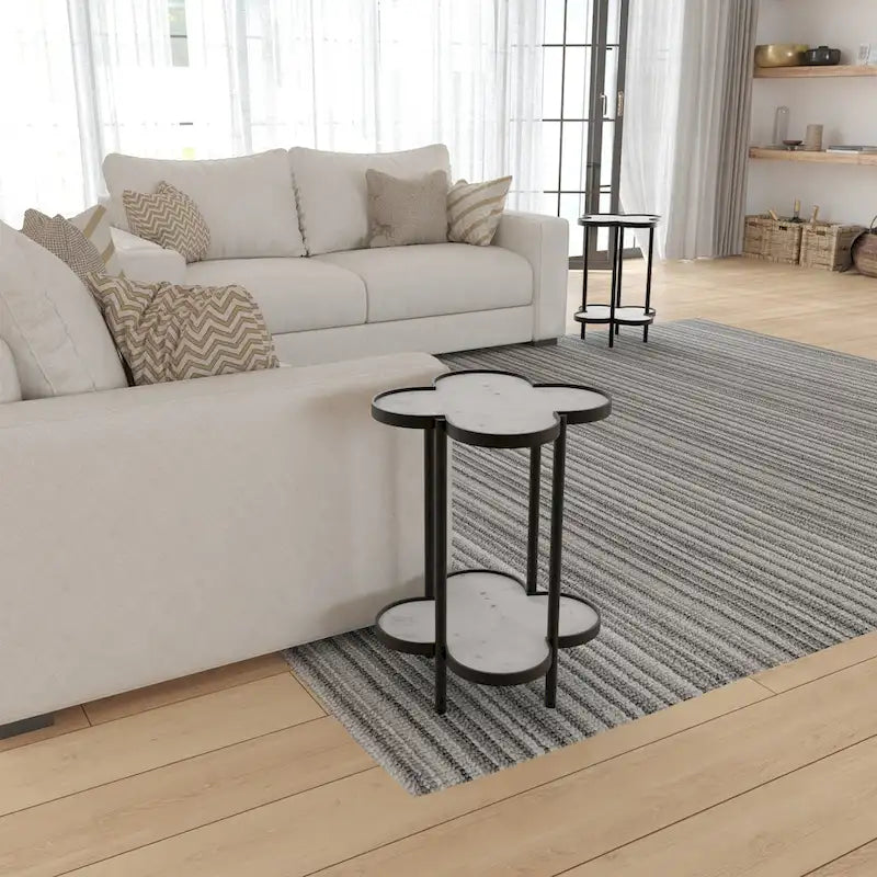 Chloe Side End Table, White Genuine Marble Clover Shape Top With Black Iron Frame