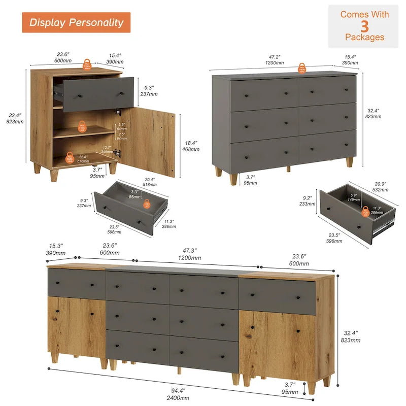 WAMPAT 3-in-1 Dresser Chests with 8 Drawers and 2 Doors for Bedroom