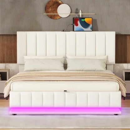 Lift Up Storage Platform Bed Frame, PU Leather Upholstered Low Profile Bed with Remote Control LED Lights, Sockets, USB Ports