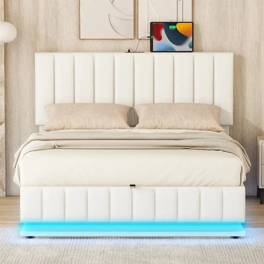 Lift Up Storage Platform Bed Frame, PU Leather Upholstered Low Profile Bed with Remote Control LED Lights, Sockets, USB Ports